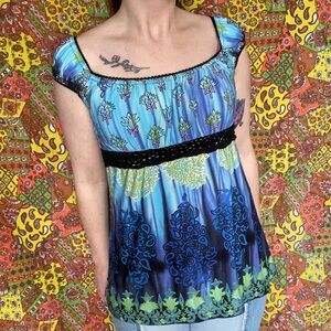 Y2K Black Blue and Green Babydoll Blouse with Crotchet Detail